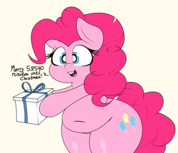 Size: 2362x2036 | Tagged: safe, artist:blitzyflair, derpibooru import, pinkie pie, earth pony, pony, belly button, bipedal, christmas, chubby, early, female, happy, holding, holiday, mare, open mouth, plump, present, smiling, solo, talking to viewer, wide hips