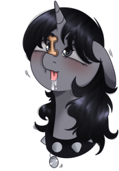 Size: 1640x2360 | Tagged: safe, artist:vaiola, derpibooru import, oc, oc only, oc:howl, pony, unicorn, advertisement, behaving like a dog, blushing, bone, bust, collar, commission, drool, ears, female, floppy ears, food, head only, horn, long mane, pet tag, portrait, simple background, solo, spiked collar, tongue, tongue out, transparent background, treat on nose, waiting, watermark