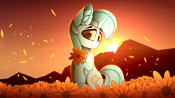 Size: 3840x2160 | Tagged: safe, artist:alexbefest, derpibooru import, lyra heartstrings, pony, unicorn, cute, ear fluff, ears, effects, eyebrows, female, flower, hoof hold, lens flare, looking at you, neon, orange, petals, sitting, solo, sunset