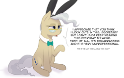 Size: 3400x2160 | Tagged: safe, alternate version, artist:hitsuji, derpibooru import, mayor mare, earth pony, pony, bunny ears, dialogue, female, glasses, mare, simple background, solo, text, white background