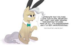 Size: 3400x2160 | Tagged: safe, artist:hitsuji, derpibooru import, mayor mare, earth pony, pony, bowtie, bunny ears, dialogue, female, high res, mare, simple background, sitting, solo, text, white background