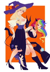 Size: 1000x1432 | Tagged: safe, artist:yueyong996, derpibooru import, applejack, rainbow dash, human, appledash, applerack, breasts, broom, cleavage, clothes, demon wings, devil horns, devil tail, female, halloween, hat, holiday, horns, humanized, lesbian, rainboob dash, shipping, tail, wings, witch hat