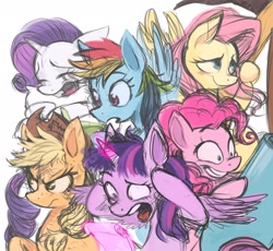 Size: 2048x1887 | Tagged: safe, artist:erzhuxa, derpibooru import, applejack, fluttershy, pinkie pie, rainbow dash, rarity, twilight sparkle, twilight sparkle (alicorn), alicorn, earth pony, pegasus, pony, unicorn, colored sketch, crying, female, frazzled, hug, mane six, notepad, open mouth, party cannon, pillow, pillow hug, shrunken pupils, sketch