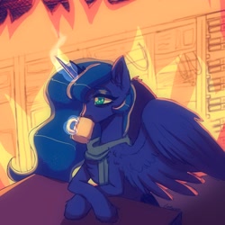 Size: 2048x2048 | Tagged: safe, artist:yumkandie, derpibooru import, princess luna, alicorn, pony, coffee mug, female, fireplace, glowing, glowing horn, horn, levitation, magic, mare, mug, server, shiftonsecurity, solo, telekinesis