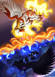 Size: 755x1058 | Tagged: safe, artist:sadinure, derpibooru import, daybreaker, nightmare moon, alicorn, pony, blue eyes, blue mane, duel, feather, female, fight, flowing mane, flowing tail, flying, golden eyes, helmet, hoof shoes, horn, magic, mane of fire, open mouth, sky, spread wings, stars, tail, teeth, wings
