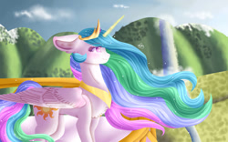 Size: 1131x707 | Tagged: safe, artist:lightrose1, derpibooru import, princess celestia, alicorn, pony, canterlot, chest fluff, cloud, crown, ethereal mane, feather, female, flowing mane, flowing tail, folded wings, glowing, glowing horn, horn, jewelry, lookout, mountain, pink eyes, regalia, signature, sky, smiling, solo, starry mane, sun, sunlight, tail, water, waterfall, wings