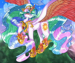 Size: 976x819 | Tagged: safe, artist:urbanarts5, derpibooru import, princess celestia, alicorn, pony, cloud, crown, dawn, ethereal mane, eyes closed, feather, female, flowing mane, flowing tail, gem, grass, hoof shoes, horn, jewelry, raised hoof, raised leg, regalia, sky, solo, sparkles, spread wings, starry mane, tail, wings