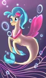 Size: 1147x1920 | Tagged: artist needed, safe, derpibooru import, princess skystar, seapony (g4), my little pony: the movie, blue eyes, blue mane, bubble, dorsal fin, female, fin wings, fins, fish tail, flower, flower in hair, flowing tail, freckles, jewelry, necklace, pearl necklace, purple background, simple background, smiling, solo, tail, underwater, water, wings