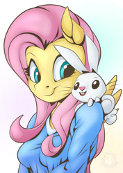 Size: 955x1351 | Tagged: safe, artist:mysticalpha, derpibooru import, angel bunny, fluttershy, anthro, angel is a bunny bastard, bust, clothes, duo, female, gradient background, looking at each other, looking at someone, looking sideways, male, shirt, smiling, three quarter view