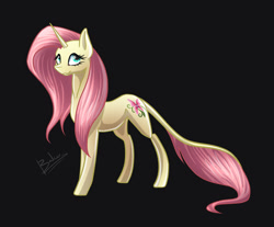 Size: 1280x1062 | Tagged: safe, artist:bakud, derpibooru import, pony, unicorn, black background, eyelashes, female, fluttershy (g5 concept leak), g5 concept leaks, leonine tail, mare, signature, simple background, smiling, solo, tail