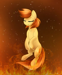 Size: 1280x1536 | Tagged: safe, artist:bakud, derpibooru import, oc, oc only, earth pony, pony, eyelashes, female, fire, mare, signature, smiling, solo