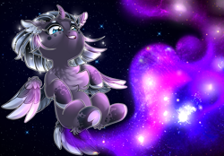 Size: 2834x1971 | Tagged: safe, artist:schokocream, derpibooru import, oc, oc only, oc:artemis, alicorn, pony, alicorn oc, chest fluff, colored wings, ear fluff, ears, ethereal mane, female, flying, galaxy mane, horn, interspecies offspring, mare, offspring, parent:oc:daedalus ravenwing, parent:princess luna, parents:canon x oc, solo, two toned wings, underhoof, wings