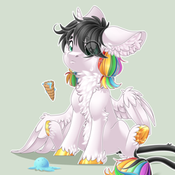 Size: 2834x2834 | Tagged: safe, artist:schokocream, derpibooru import, oc, oc only, oc:lightning bliss, alicorn, pony, chest fluff, dropped ice cream, eye clipping through hair, female, hoof polish, ice cream cone, mare, multicolored hair, rainbow hair, simple background, sitting, solo