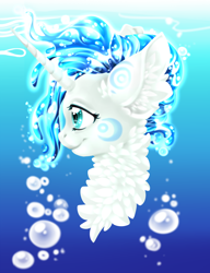 Size: 2834x3685 | Tagged: safe, artist:schokocream, derpibooru import, oc, oc only, pony, unicorn, bust, chest fluff, ear fluff, ears, female, mare, smiling, solo, underwater