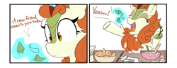 Size: 3722x1448 | Tagged: safe, artist:icey, derpibooru import, autumn blaze, kirin, 2 panel comic, autumn blaze's puppet, comic, cooking, cute, cute little fangs, dialogue, fangs, female, flour, fortune cookie, looking at something, paintbrush, sad, sadorable, solo