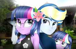 Size: 2300x1500 | Tagged: safe, artist:aryatheeditor, derpibooru import, sci-twi, twilight sparkle, oc, oc:nightfall sparkle, oc:velodash, equestria girls, bare shoulders, beautiful, bedroom eyes, bust, canon x oc, clothes, cute, digital art, dress, element of magic, family, family photo, female, flower, flower in hair, geode of telekinesis, glasses, headcanon, looking up, magical geodes, outfit, powerful sparkle, purple hair, sleeveless, sleeveless dress, sleeveless turtleneck, smiling, twiabetes