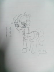 Size: 3456x4608 | Tagged: safe, artist:yue_deer, derpibooru import, oc, oc only, earth pony, pony, clothes, glasses, hoodie, looking at you, male, monochrome, sketch, solo, traditional art, wavy mouth
