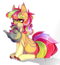 Size: 2445x2620 | Tagged: safe, artist:rainbowgirlyt, derpibooru import, oc, oc only, earth pony, pony, female, mouth hold, simple background, sitting, solo, watering can, white background
