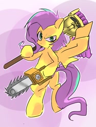 Size: 768x1024 | Tagged: safe, artist:pnpn_721, derpibooru import, fluttershy, pegasus, pony, .mov, badass, bipedal, chainsaw, crossing the memes, female, flutterbadass, fluttermop, fluttershed, looking at you, mare, meme, mop, shed.mov, solo, spread wings, wings