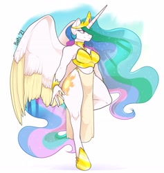 Size: 3664x3867 | Tagged: safe, artist:baitslament, derpibooru import, princess celestia, anthro, unguligrade anthro, bra, bracelet, clothes, ethereal mane, female, harem outfit, horseshoes, jewelry, loincloth, midriff, necklace, simple background, solo, strapless, underwear, white background, wide hips