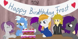 Size: 6000x3000 | Tagged: safe, artist:mihay, derpibooru import, oc, oc:ebony rain, oc:eis, oc:fritzy, oc:frost wing, oc:nightlight horizon, oc:zackary relapse, banner, birthday, cake, cute, family, food, happy, simple background