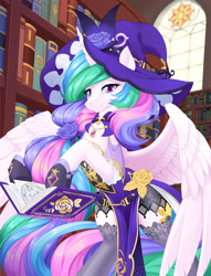 Size: 2937x3840 | Tagged: safe, artist:dstears, derpibooru import, princess celestia, alicorn, pony, alternate hairstyle, belt, bipedal, book, clothes, cosplay, costume, female, flower, genshin impact, gloves, hat, jewelry, librarian, lisa (genshin impact), magic, magic aura, mare, necklace, rose, stockings, telekinesis, thigh highs, witch hat