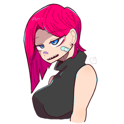 Size: 768x768 | Tagged: safe, artist:metaruscarlet, derpibooru import, pinkie pie, human, alternate hairstyle, bandaid, breasts, clothes, ear piercing, earring, eyeshadow, fangs, female, humanized, jewelry, makeup, open mouth, piercing, pinkamena diane pie, simple background, sleeveless, sleeveless sweater, solo, sweater, transparent background