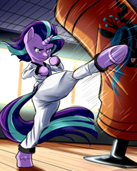 Size: 1137x1420 | Tagged: safe, artist:gloomydinosaur, derpibooru import, queen chrysalis, starlight glimmer, semi-anthro, unicorn, clothes, female, karate, karate gi, kicking, mare, martial arts, punching bag, solo