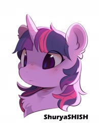 Size: 1671x2148 | Tagged: safe, artist:apple_nettle, derpibooru import, twilight sparkle, pony, blushing, bust, chest fluff, cute, ear fluff, ears, eye clipping through hair, female, horn, mare, simple background, solo, twiabetes, white background