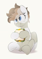 Size: 1457x2064 | Tagged: safe, artist:mochi_nation, derpibooru import, oc, oc only, oc:sunrich maron, pegasus, pony, coat markings, eye clipping through hair, female, food, freckles, hoof hold, mare, sandwich, simple background, sitting, smiling, solo, yellow background