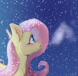 Size: 1280x1239 | Tagged: safe, artist:laymy, derpibooru import, fluttershy, pony, blushing, breath, bust, cute, female, looking up, mare, open mouth, outdoors, profile, shyabetes, snow, snowfall, solo, winter