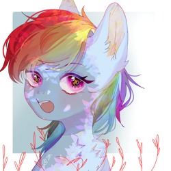 Size: 1280x1280 | Tagged: safe, artist:mieumieu123123, derpibooru import, rainbow dash, pegasus, pony, bust, chest fluff, cutie mark eyes, dappled sunlight, ear fluff, ears, female, looking at you, open mouth, solo, wingding eyes