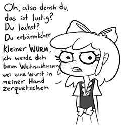 Size: 3300x3300 | Tagged: safe, artist:tjpones, derpibooru import, apple bloom, human, black and white, clothes, dirndl, dress, female, freckles, german, grayscale, humanized, misspelling, monochrome, simple background, solo, talking to viewer, translated in the comments, transparent background, white background