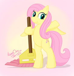 Size: 1280x1318 | Tagged: safe, artist:tayfox1510, derpibooru import, fluttershy, pegasus, pony, bipedal, female, fluttermop, looking at you, mare, mop, smiling, solo