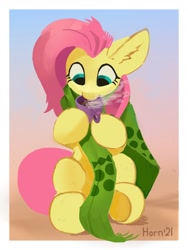 Size: 1520x2022 | Tagged: safe, artist:hornmlp, derpibooru import, fluttershy, pegasus, pony, clothes, cup, cute, drink, drinking, ear fluff, ears, female, food, hoof hold, hot drink, looking at something, looking down, mare, mug, scarf, shyabetes, sitting, solo, steam, tea, teacup, underhoof
