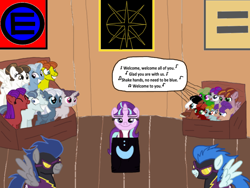 Size: 2048x1536 | Tagged: safe, artist:chanyhuman, derpibooru import, party favor, starlight, starlight glimmer, sugar belle, earth pony, pegasus, pony, unicorn, allegory, cult, dark, description at source, description in comments, description is relevant, disturbing, equal sign, equalized, jim jones, jonestown, reference, s5 starlight, shadowbolts, smiling, story included, tyrant glimmer