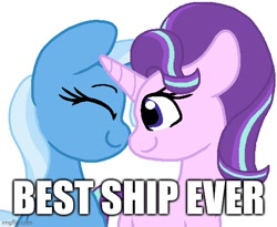 Size: 532x437 | Tagged: artist needed, safe, derpibooru import, starlight glimmer, trixie, pony, unicorn, caption, eyes closed, female, image macro, imgflip, lesbian, mare, op has an opinion, shipping, simple background, smiling, startrix, text, white background