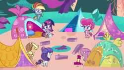 Size: 1920x1080 | Tagged: safe, derpibooru import, screencap, applejack, fluttershy, pinkie pie, rainbow dash, rarity, twilight sparkle, twilight sparkle (alicorn), alicorn, earth pony, pegasus, pony, unicorn, a camping we will go, my little pony: pony life, bipedal, book, butt, camping, crossed hooves, female, flying, hooves on hips, lamp, log, looking at each other, mane six, mare, plot, smiling, tent, treehouse logo, wings