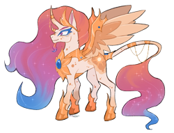 Size: 1021x782 | Tagged: safe, artist:dogstoof, derpibooru import, princess celestia, alicorn, bicorn, pony, alternate design, armor, curved horn, facial hair, female, goatee, horn, horn jewelry, jewelry, leonine tail, mare, multiple horns, redesign, solo, tail, tail jewelry, wing armor, wings