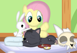 Size: 3537x2427 | Tagged: safe, artist:porygon2z, derpibooru import, angel bunny, fluttershy, dog, pegasus, pony, rabbit, animal, collar, comb, eyes closed, female, king (the owl house), male, skull, spa, the owl house, towel, trio