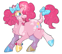 Size: 833x725 | Tagged: safe, artist:dogstoof, derpibooru import, pinkie pie, pony, unicorn, alternate design, bow, broken horn, chest fluff, coat markings, colored eyelashes, colored hooves, facial hair, female, goatee, hair bow, horn, leonine tail, mare, multicolored hooves, open mouth, open smile, race swap, redesign, simple background, smiling, solo, tail, tail bow, transparent background, unicorn pinkie pie