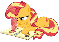 Size: 5029x3609 | Tagged: safe, artist:emeraldblast63, derpibooru import, sunset shimmer, art, book, commission, magic, pencil, simple background, solo, transparent background