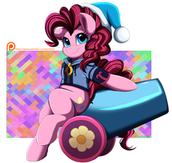 Size: 3846x3655 | Tagged: safe, artist:pridark, derpibooru import, pinkie pie, earth pony, pony, clothes, cute, cutie mark, diapinkes, female, high res, looking at you, mare, party cannon, patreon, patreon reward, smiling, solo
