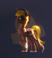 Size: 2560x2880 | Tagged: safe, artist:etherium-apex, oc, oc only, oc:acres, earth pony, pony, 3d, blender, blonde, blonde mane, blonde tail, brown coat, cowboy hat, cutie mark, earth pony oc, looking at you, male, raised hoof, raised leg, simple background, smiling, solo, stallion, unshorn fetlocks, ych result