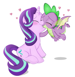 Size: 1796x1852 | Tagged: safe, alternate version, artist:invisibleink, derpibooru import, spike, starlight glimmer, dragon, pony, unicorn, my little pony: the movie, blushing, cute, eyes closed, female, flying, heart, image, kissing, male, mare, png, romantic, shipping, simple background, sparlight, spread wings, straight, transparent background, wingboner, winged spike, wings