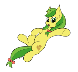Size: 1937x1773 | Tagged: safe, artist:wapamario63, apple fritter, earth pony, pony, apple family member, background pony, belly, belly button, bow, cute, female, flat colors, hair bow, looking at you, lying down, mare, on back, open mouth, open smile, simple background, smiling, smiling at you, solo, tail bow, transparent background