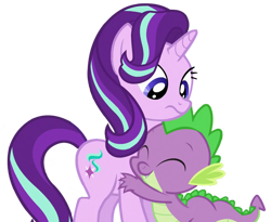 Size: 813x668 | Tagged: safe, artist:rozyfly10, derpibooru import, edit, edited screencap, screencap, spike, starlight glimmer, dragon, pony, unicorn, season 6, the crystalling, cute, duo, eyes closed, faic, female, frown, hug, male, mare, shipping, simple background, smiling, sparlight, straight, transparent background