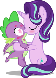 Size: 1310x1843 | Tagged: safe, artist:zacatron94, derpibooru import, spike, starlight glimmer, dragon, pony, female, kissing, male, png, shipping, simple background, sparlight, straight, transparent background, winged spike, wings
