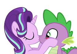 Size: 1000x700 | Tagged: safe, artist:rozyfly10, derpibooru import, spike, starlight glimmer, dragon, pony, female, hooves on cheeks, kissing, male, shipping, simple background, sparlight, straight, transparent background