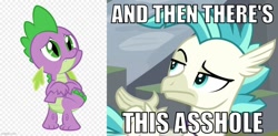 Size: 1014x499 | Tagged: safe, spike, terramar, dragon, hippogriff, alpha channel, and then there's this asshole, background pony strikes again, checkered background, male, op is trying to start shit, op isn't even trying anymore, sad, spikeabuse, vulgar